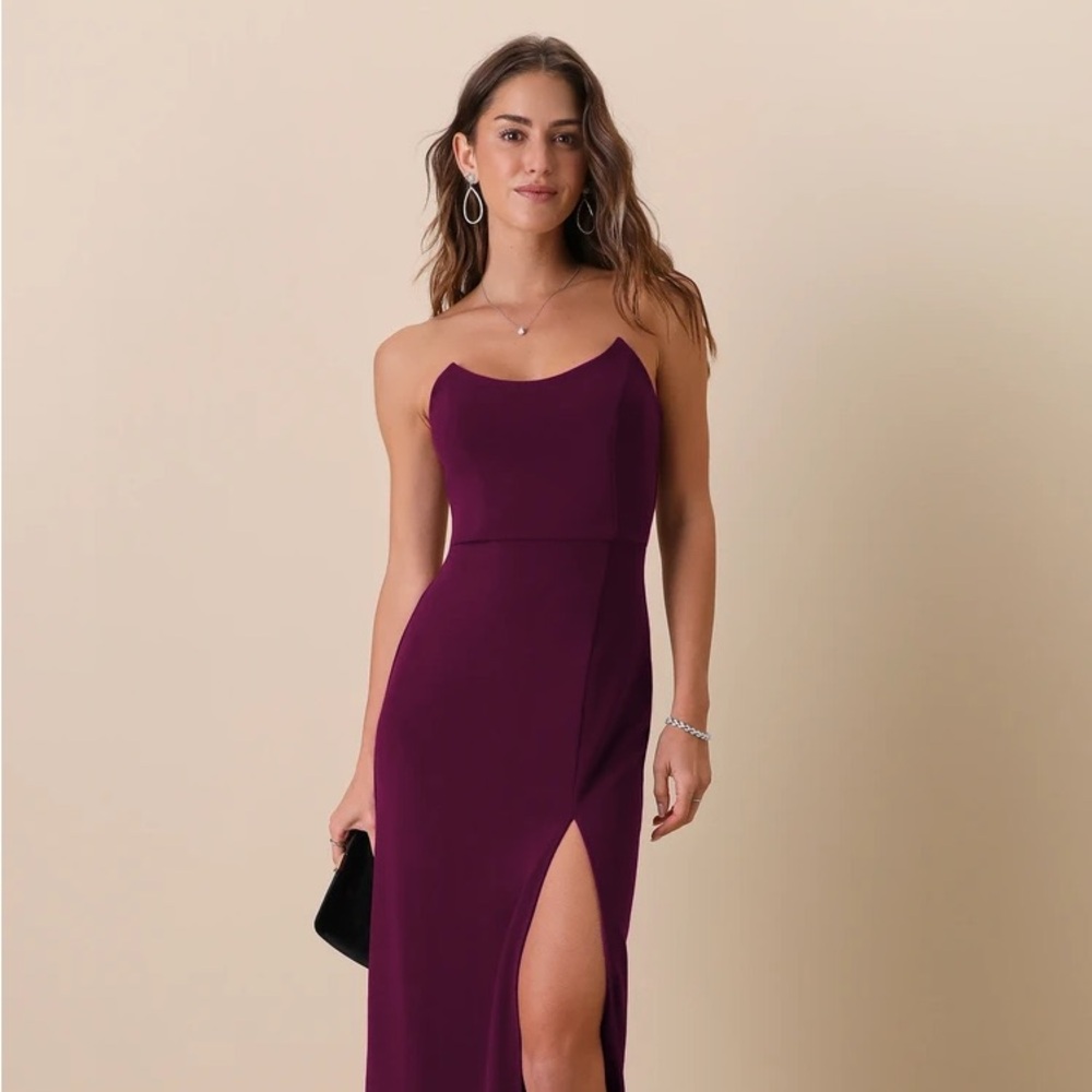 Strapless Plum Evening Dress with Thigh Slit - sensational plum gown